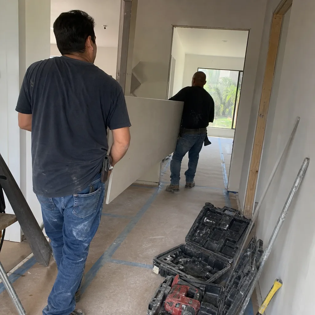 Two general contractors carrying drywall on a residential construction site