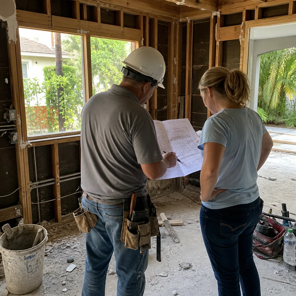 General contractor and client reviewing blueprints at a construction site renovation