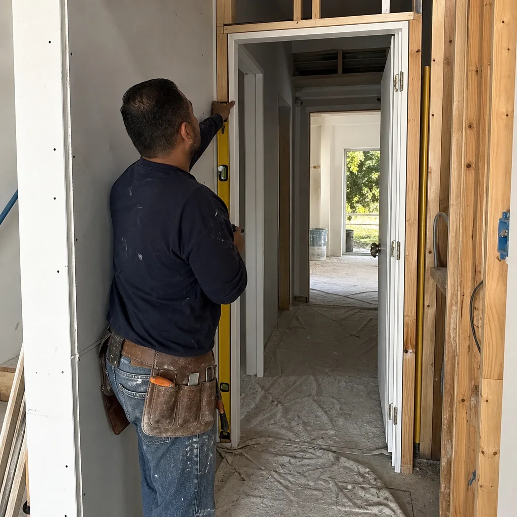 construction worker installing a door frame during a home renovation