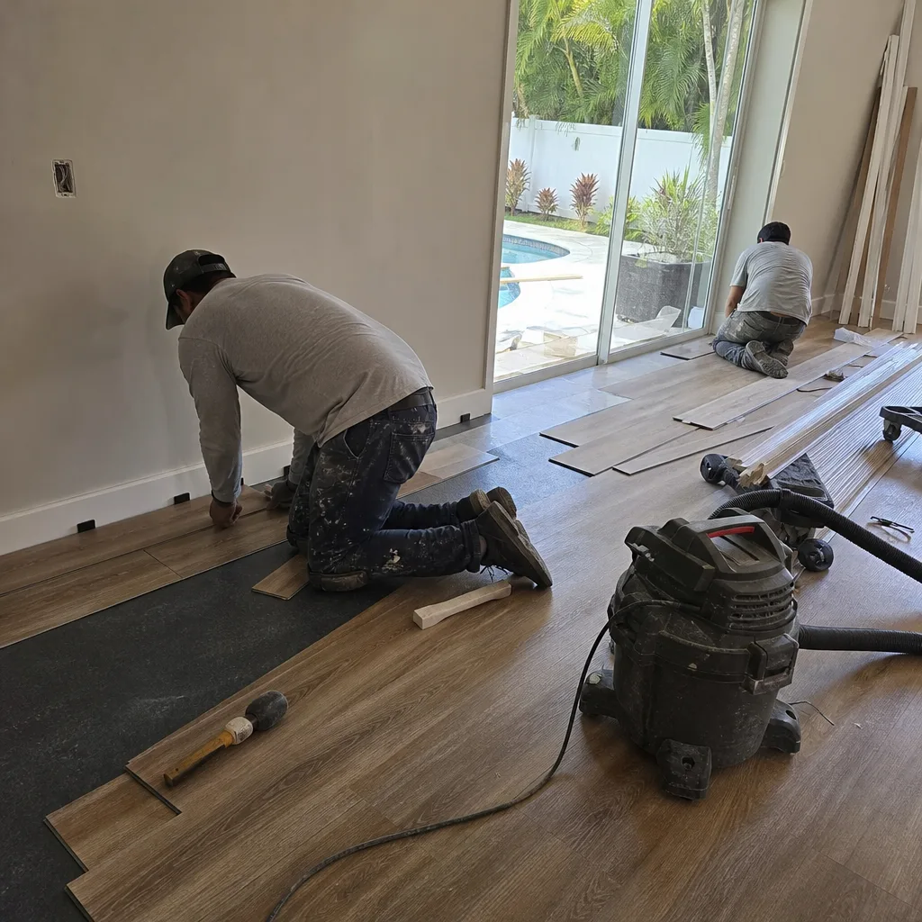 Two contractors professionally installing new vinyl plank flooring during home renovation
