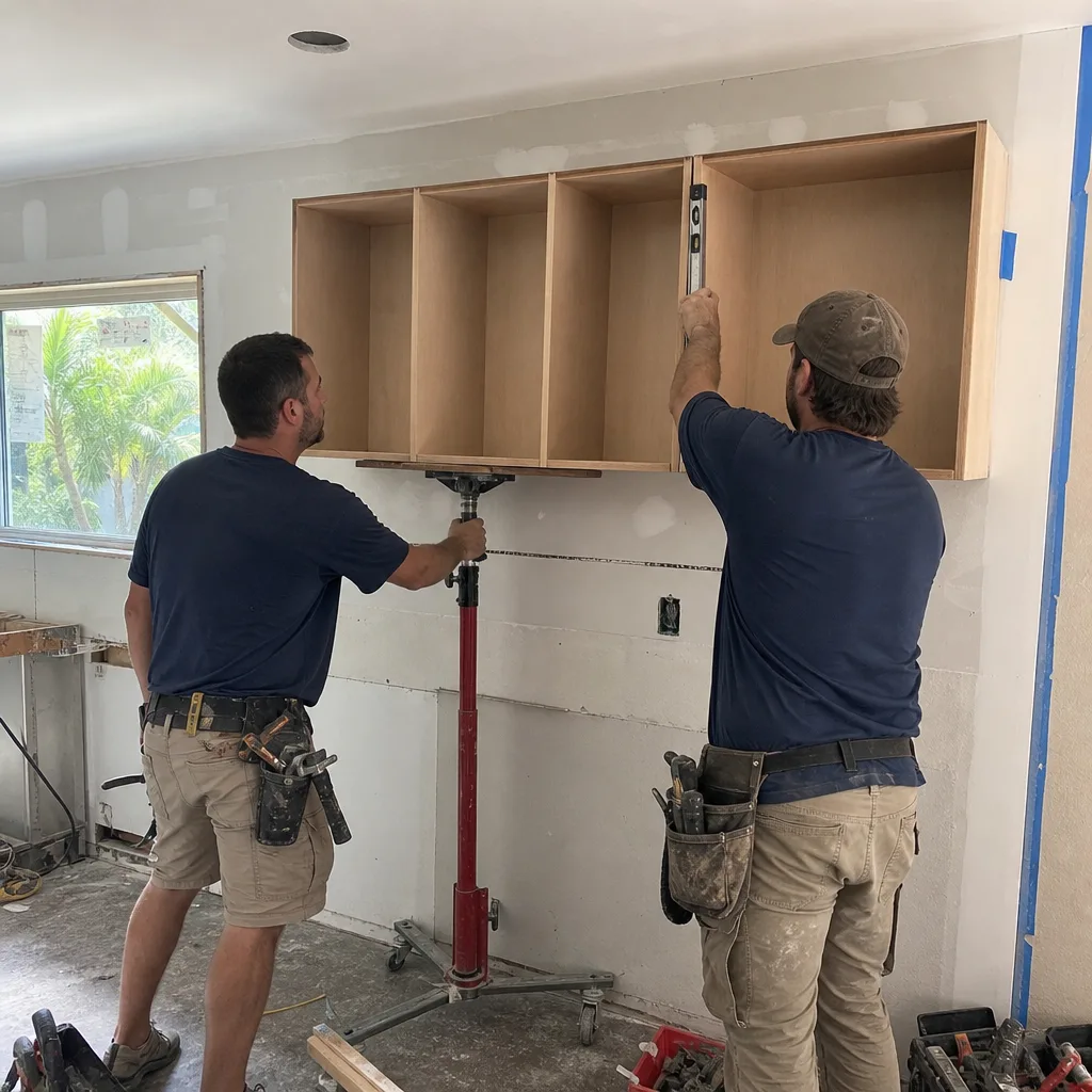 Two construction workers installing wall cabinets during a kitchen remodel.