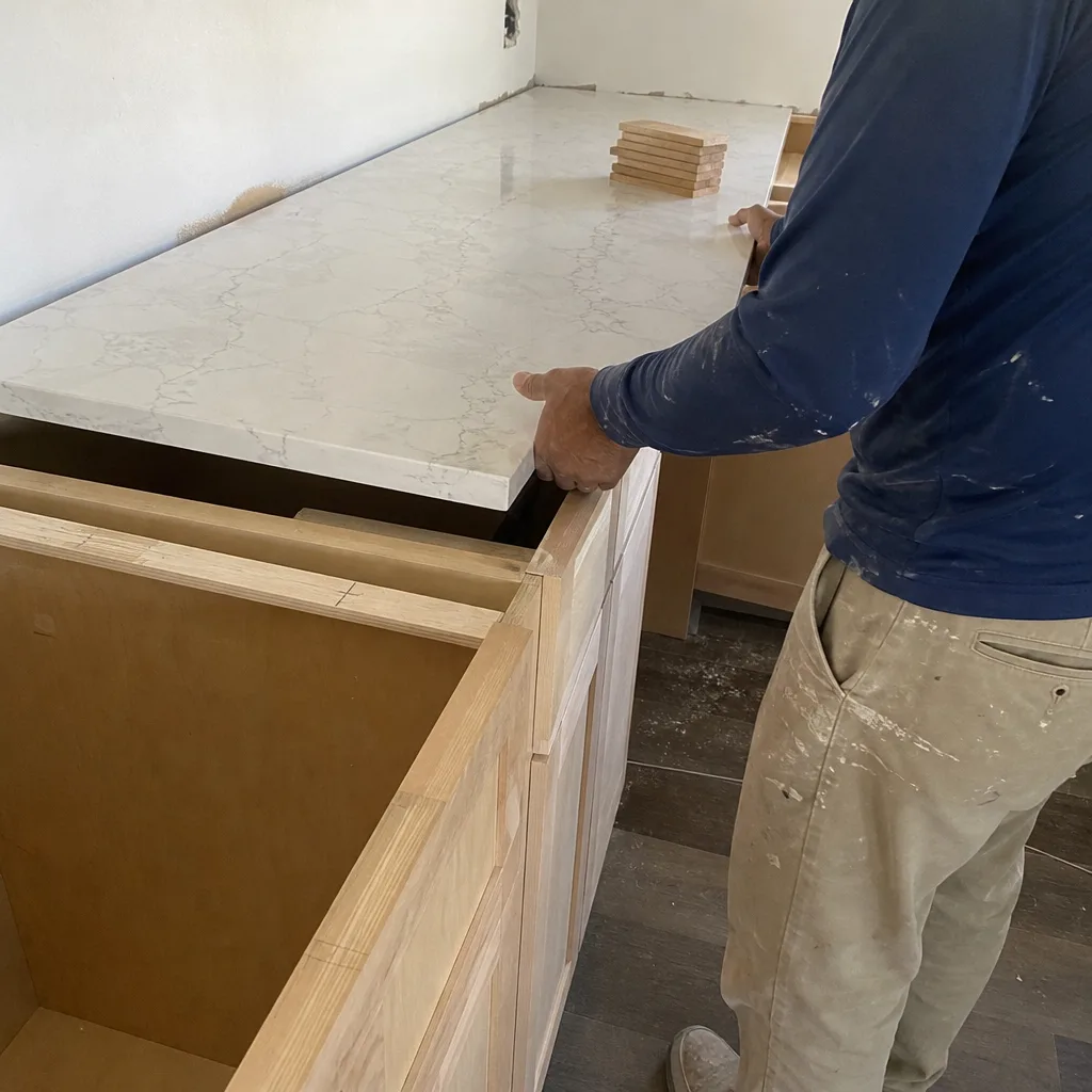 Professional contractor installing white marble quartz kitchen countertop
