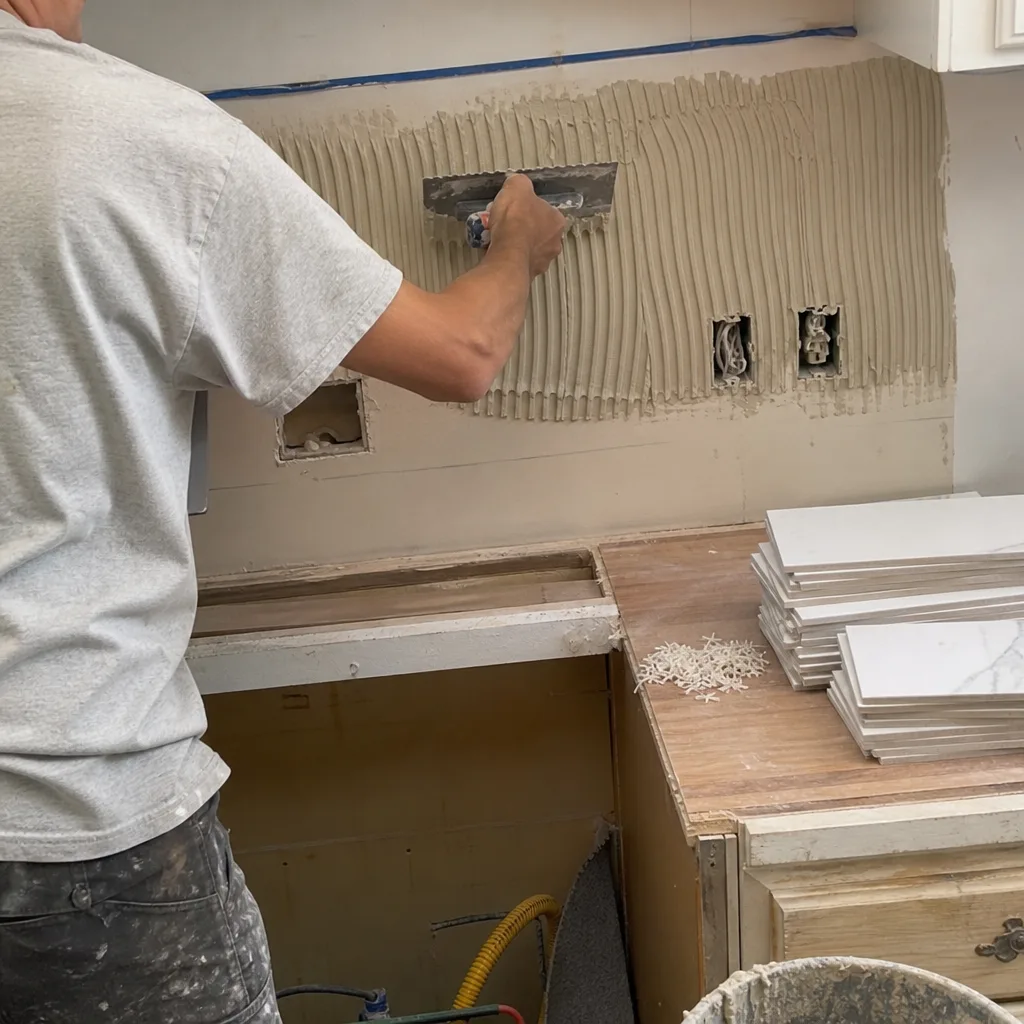 Professional tiling a kitchen backsplash for a home renovation project