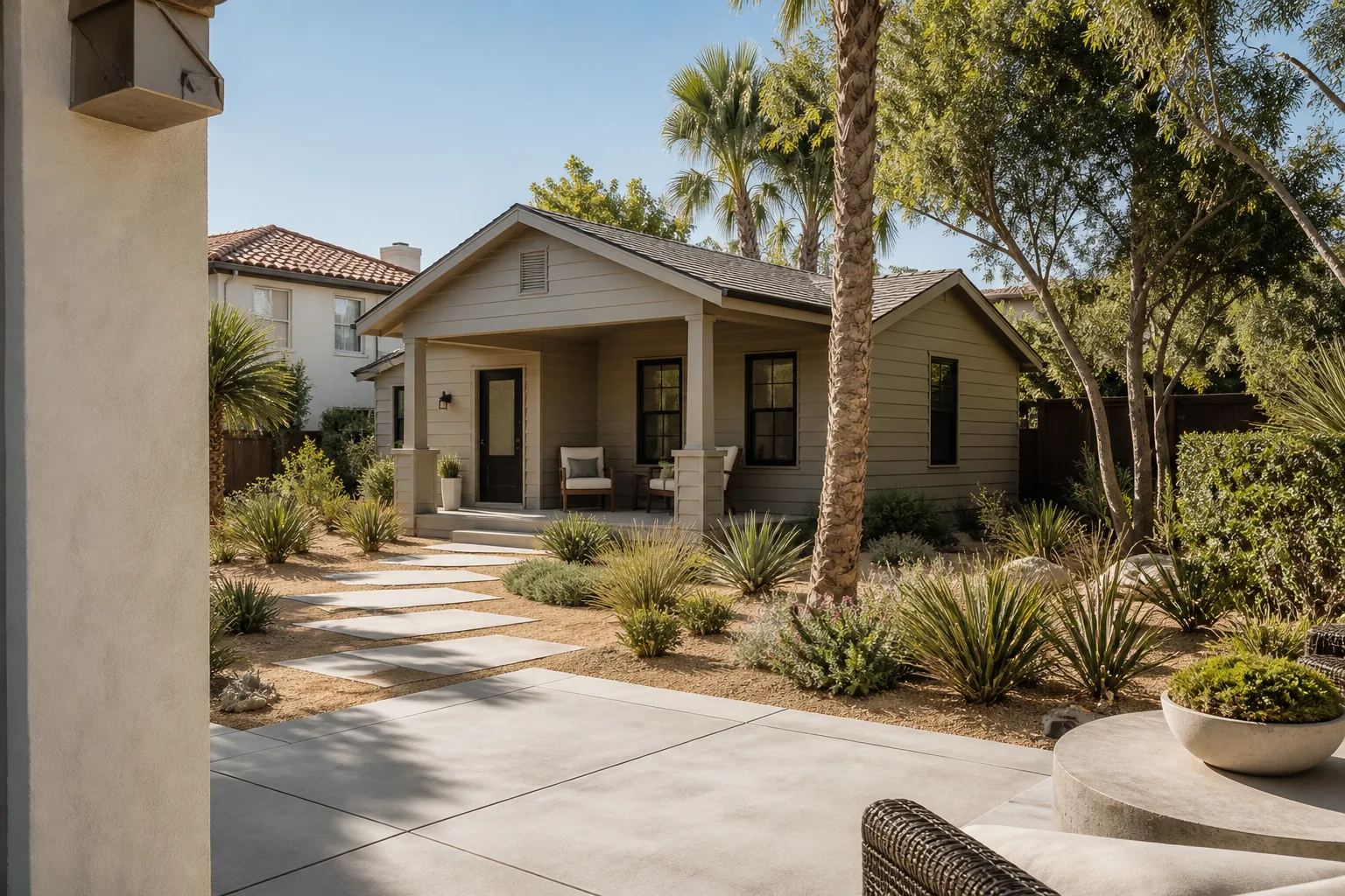 A finished backyard cottage with a small covered porch