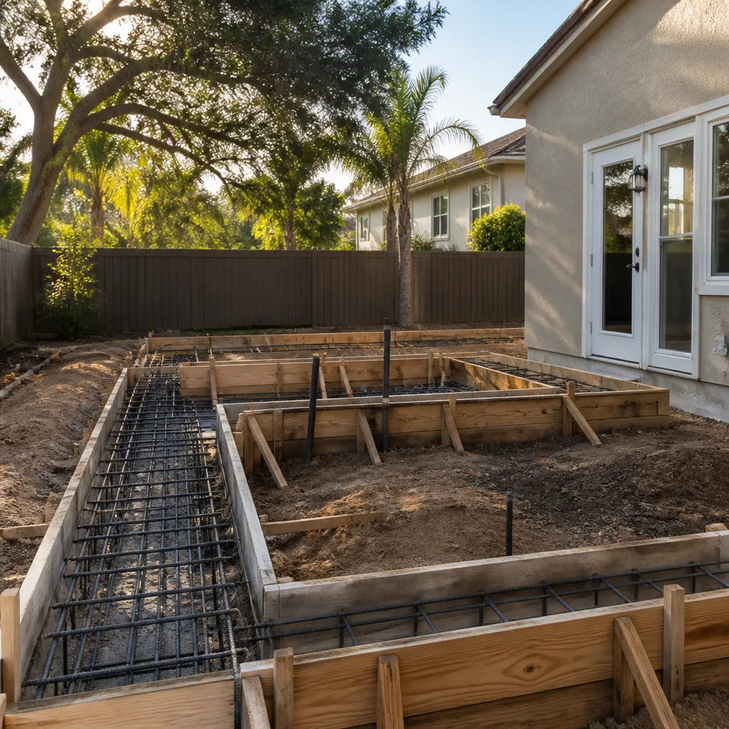 Footing forms with tied rebar for a home addition
