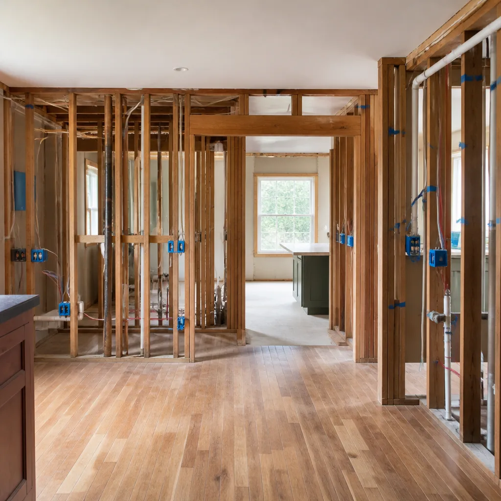 A room opened to the studs with new wiring and plumbing