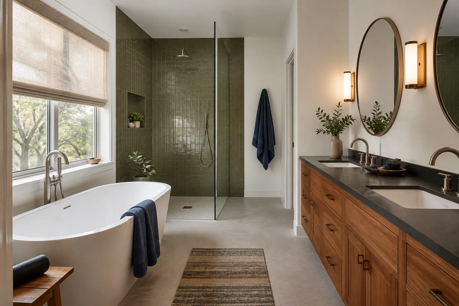 A remodeled primary bathroom with a soaking tub and walk-in shower