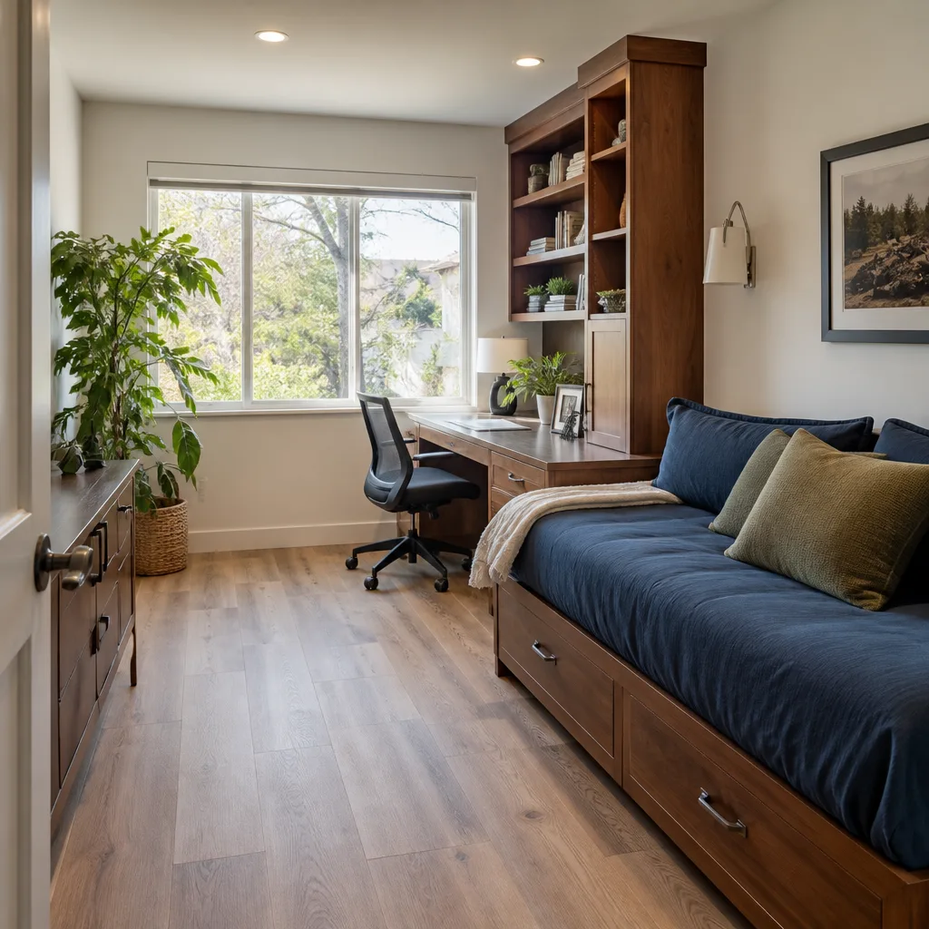 A garage converted into a guest room and home office